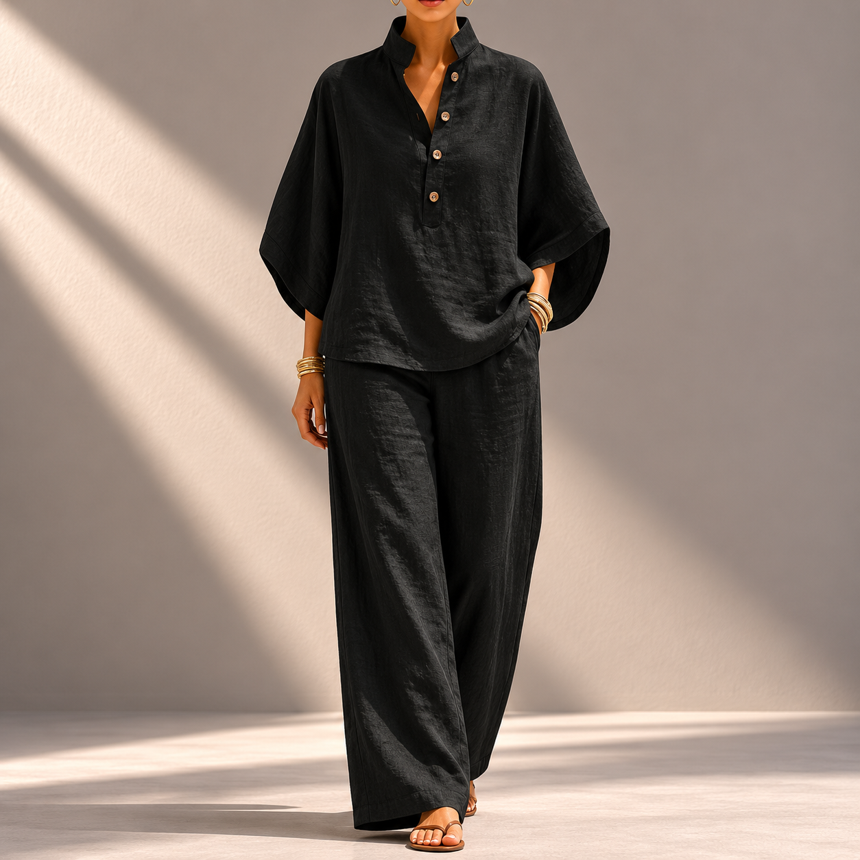 Women's Cotton Linen Two-Piece Wide-Leg Pants Set in Black – front view | Hensley London