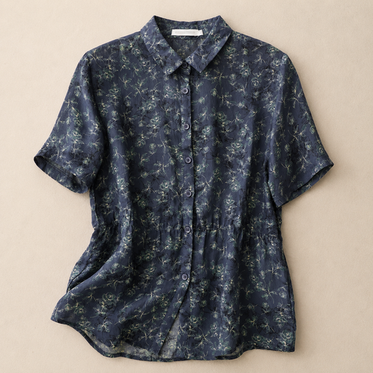 Women's Floral Print Cotton Linen Button-Up Blouse in Floral Print – front view | Hensley London