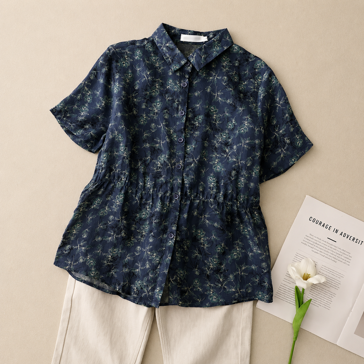 Women's Floral Print Cotton Linen Button-Up Blouse in Floral Print – styled view | Hensley London