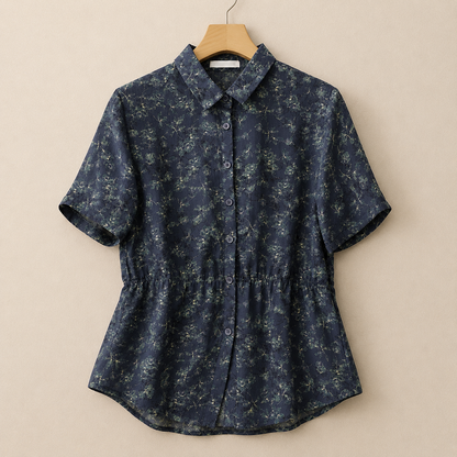 Women's Floral Print Cotton Linen Button-Up Blouse in Floral Print – side view | Hensley London