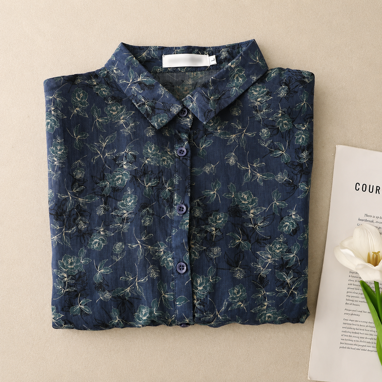 Women's Floral Print Cotton Linen Button-Up Blouse in Floral Print – back view | Hensley London
