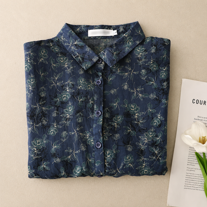 Women's Floral Print Cotton Linen Button-Up Blouse in Floral Print – back view | Hensley London