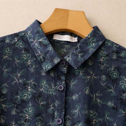 Women's Floral Print Cotton Linen Button-Up Blouse in Floral Print – sleeve detail view | Hensley London