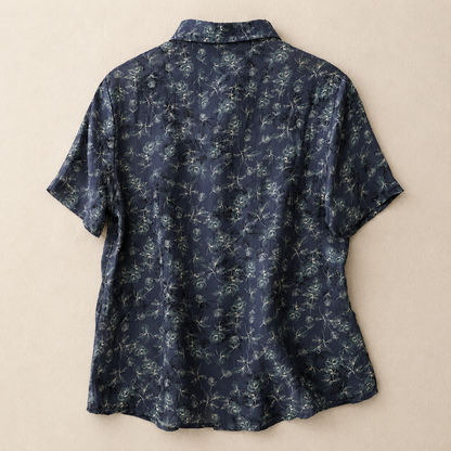 Women's Floral Print Cotton Linen Button-Up Blouse in Floral Print – fabric close-up view | Hensley London