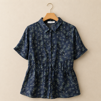 Women's Floral Print Cotton Linen Button-Up Blouse in Floral Print – full length view | Hensley London