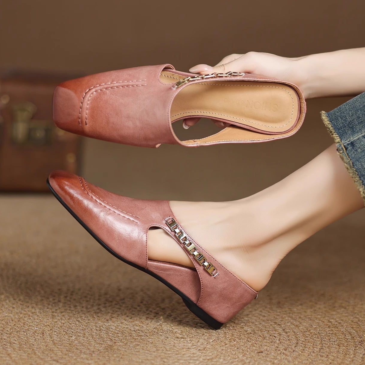 Women's Leather Slip-On Mules – product view | Hensley London