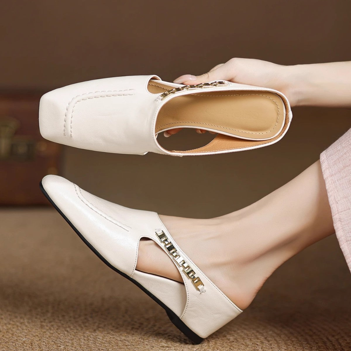 Women's Leather Slip-On Mules – product view | Hensley London