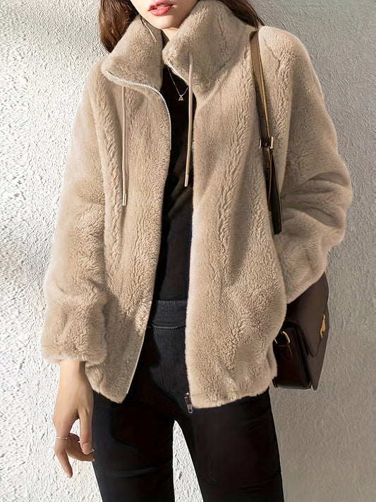 Women's Cozy Zip-Up Jacket in Khaki – front view | Hensley London