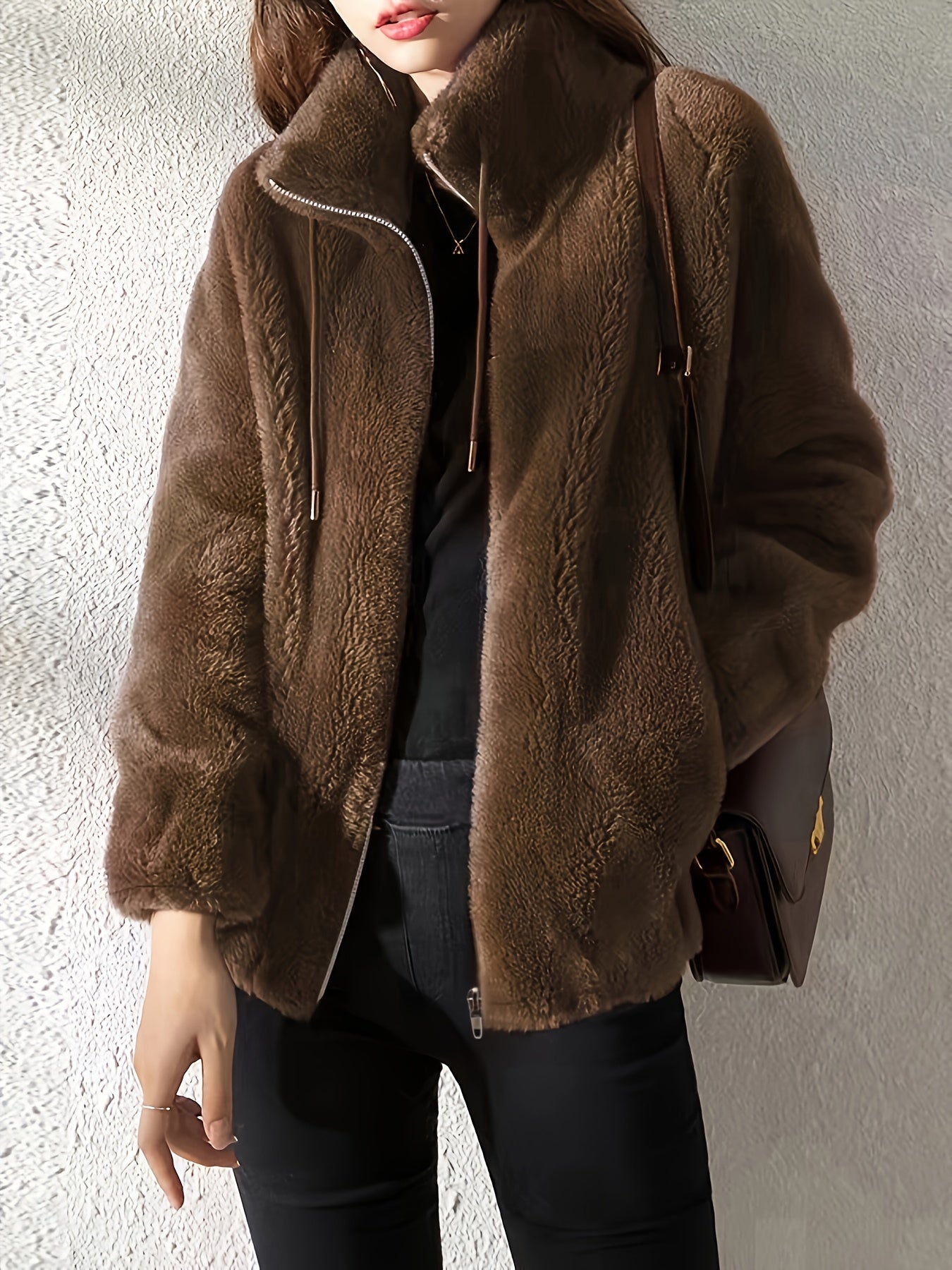 Women's Cozy Zip-Up Jacket in Dark Brown – front view | Hensley London