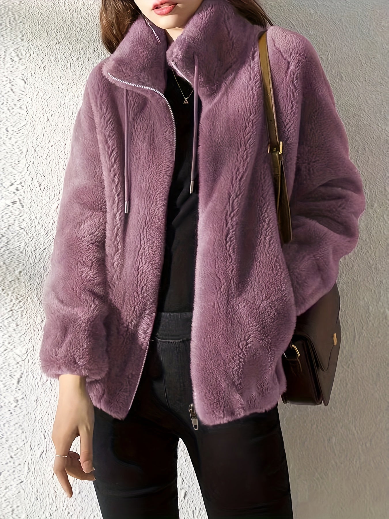Women's Cozy Zip-Up Jacket in Light Purple – front view | Hensley London