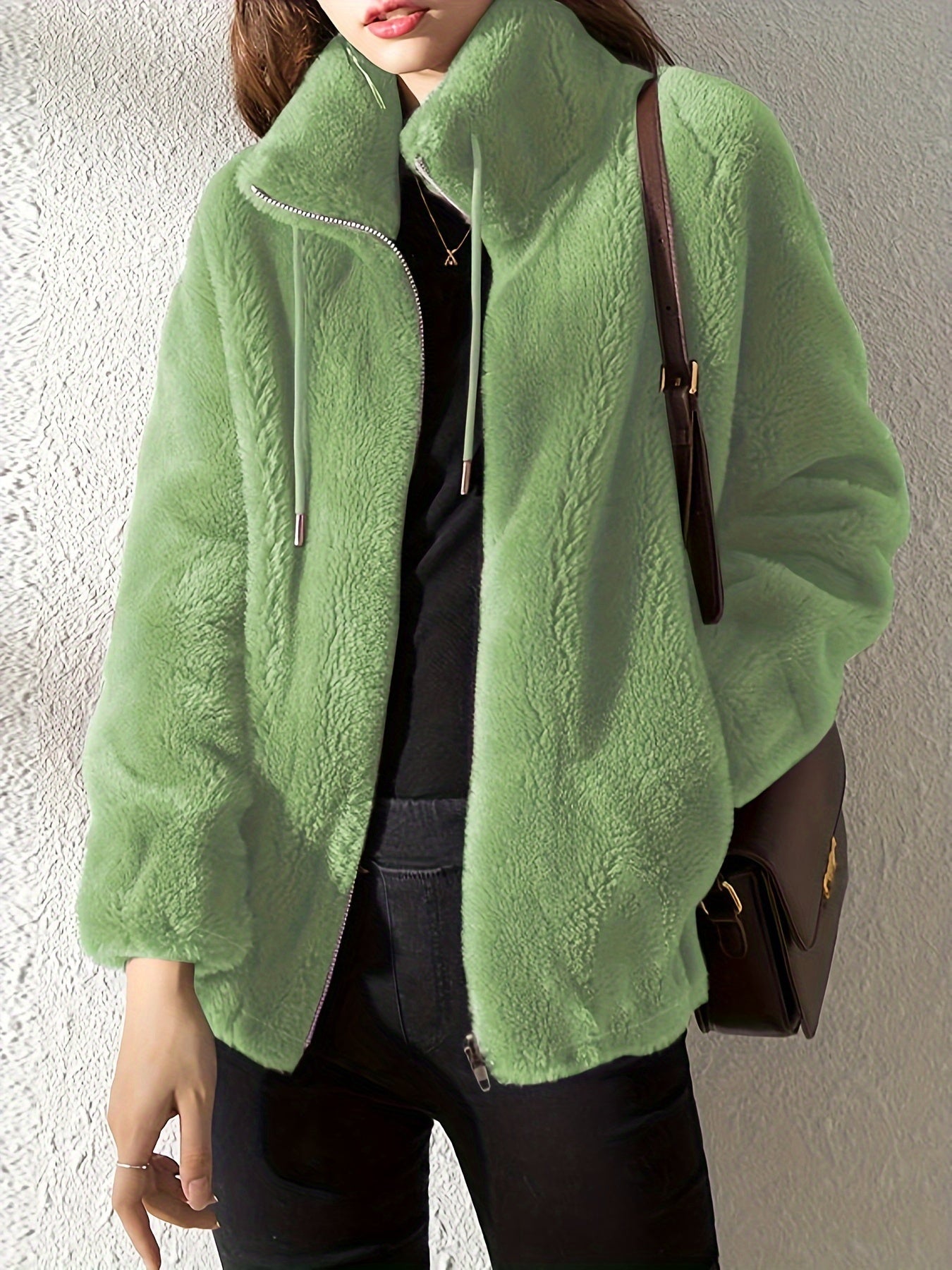 Women's Cozy Zip-Up Jacket in Green – front view | Hensley London