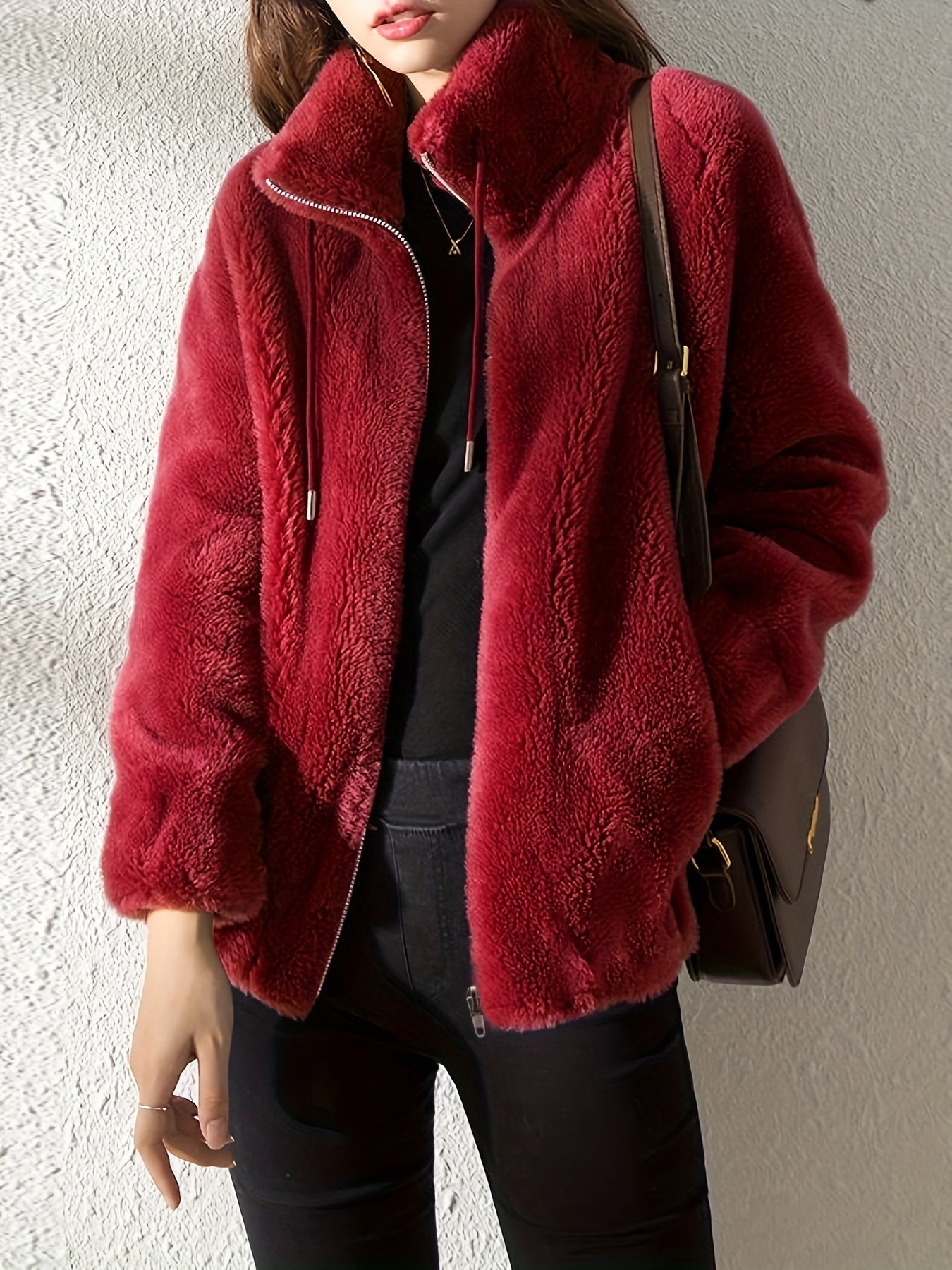 Women's Cozy Zip-Up Jacket in Red – front view | Hensley London