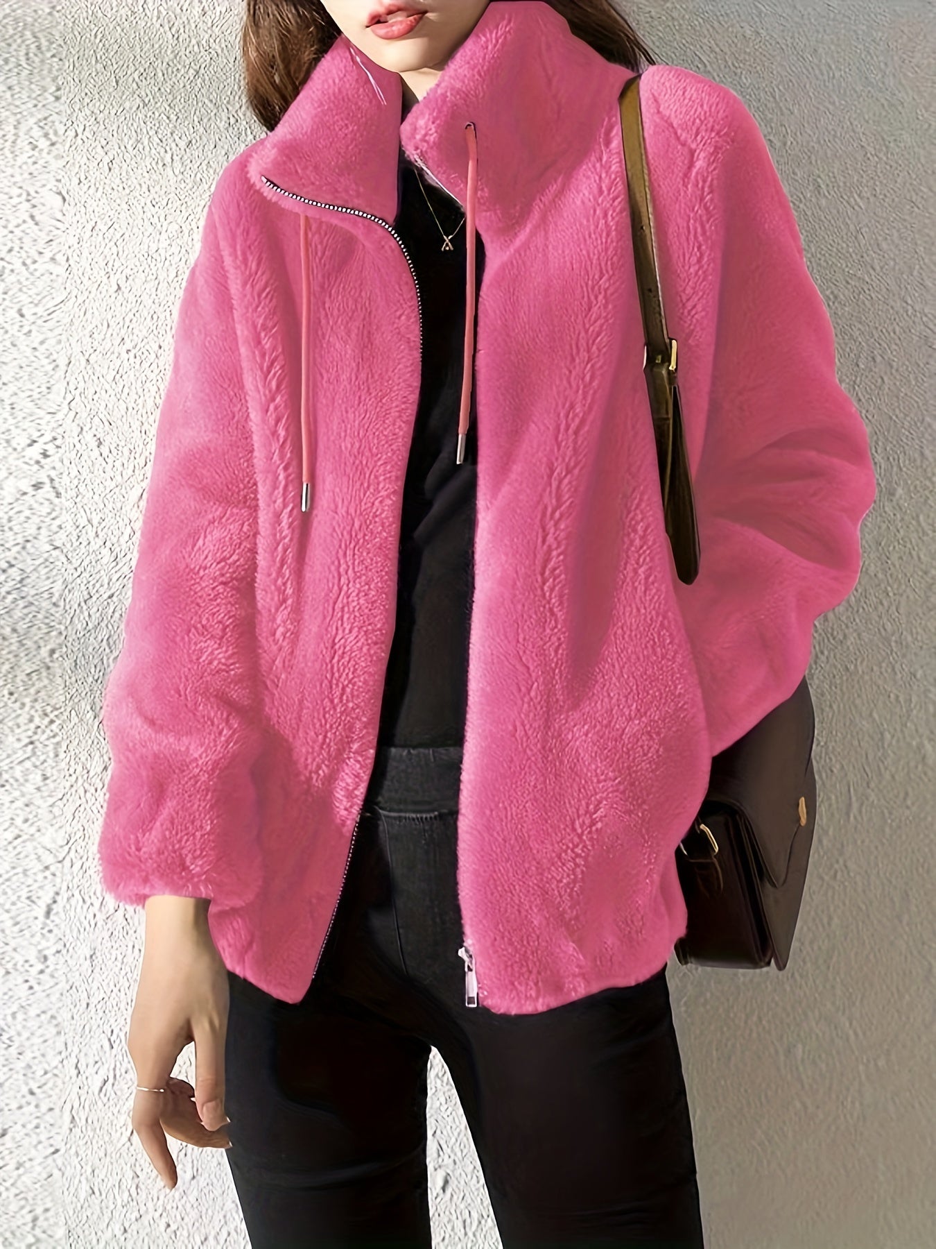 Women's Cozy Zip-Up Jacket in Pink – front view | Hensley London