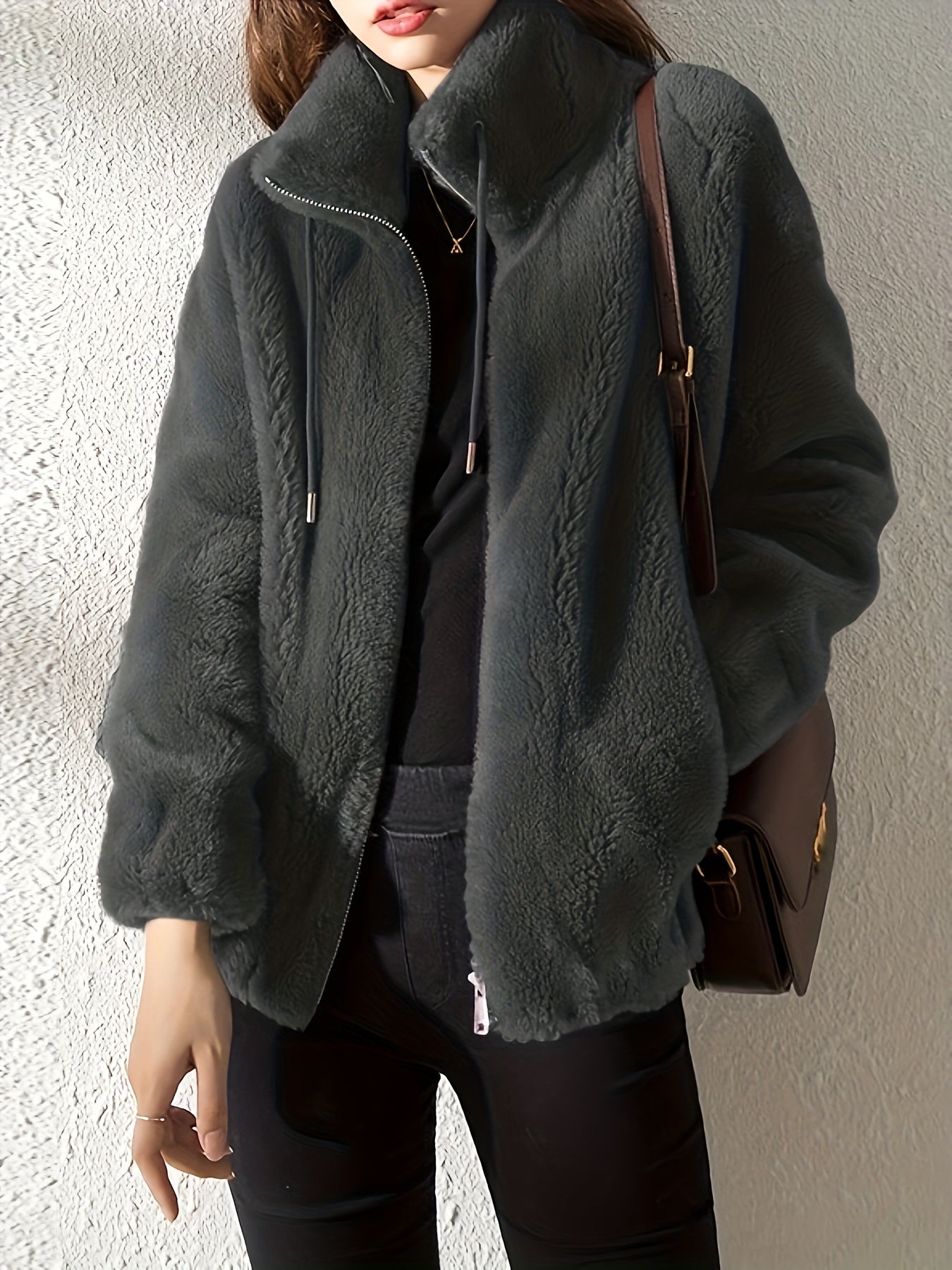 Women's Cozy Zip-Up Jacket in Dark Gray – front view | Hensley London