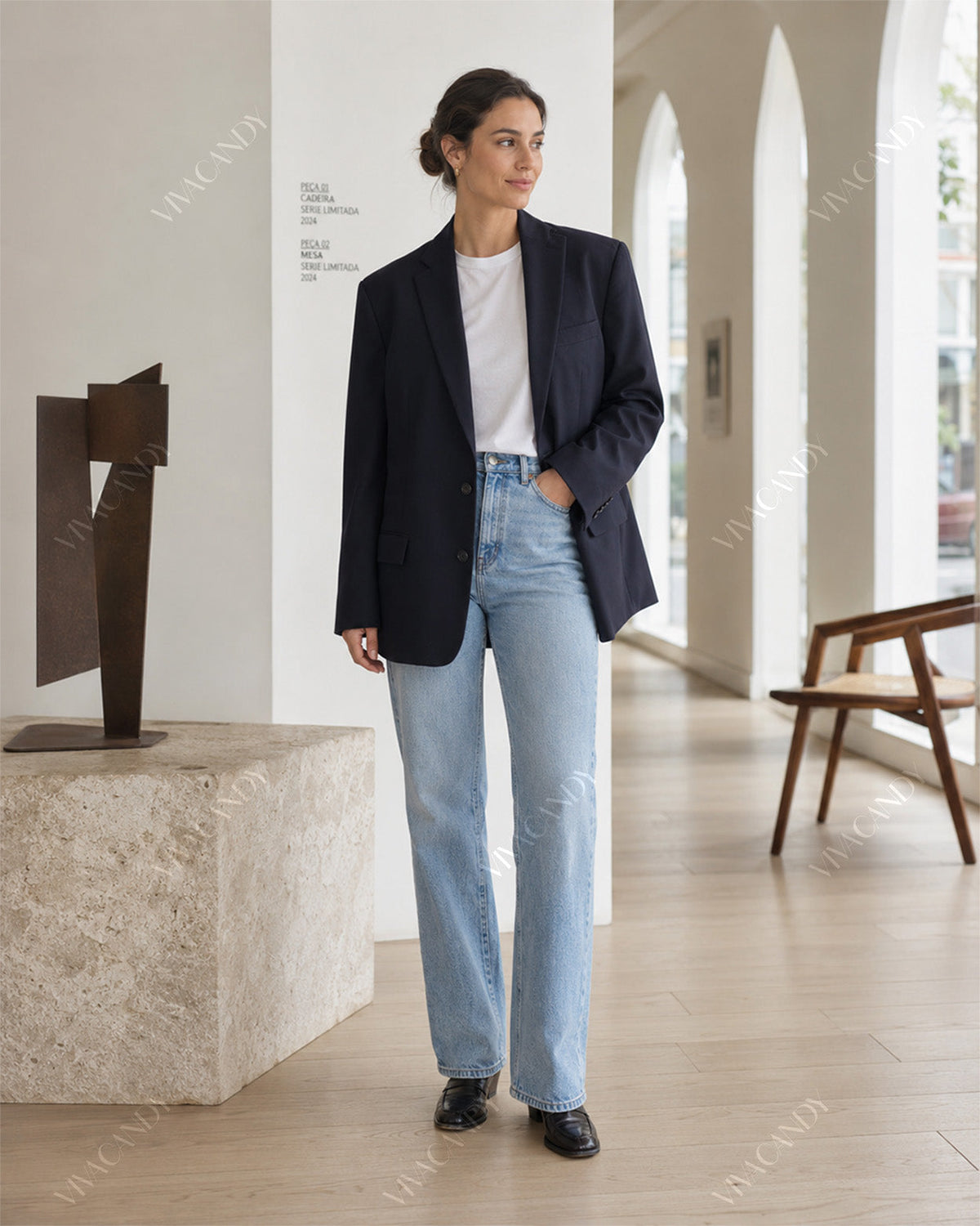 Women's Split-Back Longline Tailored Blazer in Midnight Navy – full-length front view on model | Hensley London