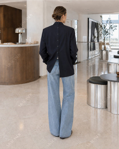 Women's Split-Back Longline Tailored Blazer in Midnight Navy – back view on model | Hensley London
