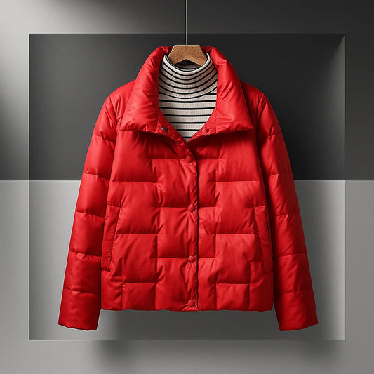 Women's Quilted Cotton-Fill Puffer Jacket in Red – product view | Hensley London