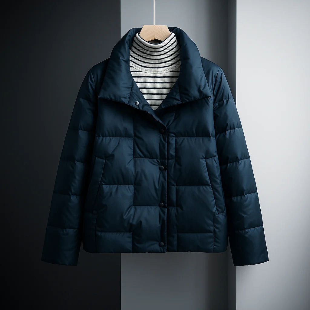 Women's Quilted Cotton-Fill Puffer Jacket in Dark Blue – additional product view | Hensley London