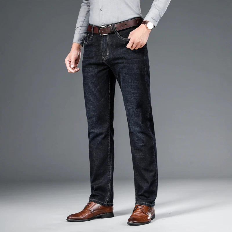 Men's Stretch Cotton Straight-Leg Jeans in Dark Blue - product view | Hensley London