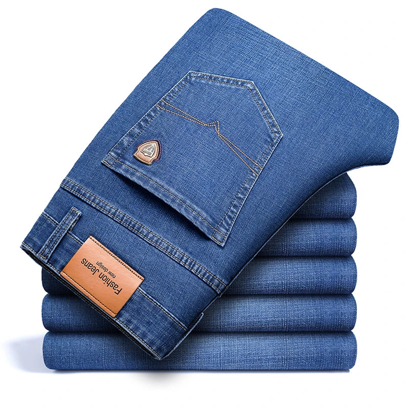 Men's Stretch Cotton Straight-Leg Jeans in Light Blue - product view | Hensley London
