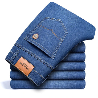 Men's Stretch Cotton Straight-Leg Jeans in Light Blue - product view | Hensley London