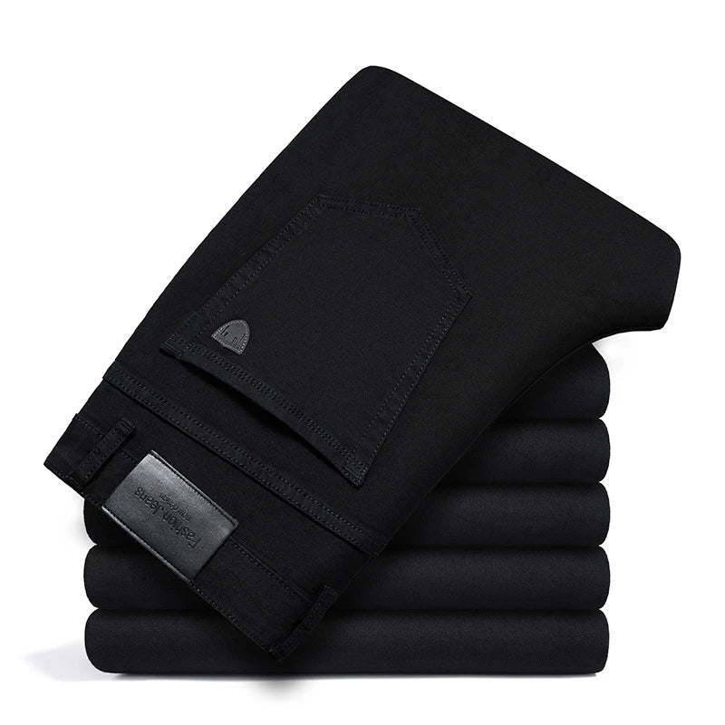 Men's Stretch Cotton Straight-Leg Jeans in Black - product view | Hensley London