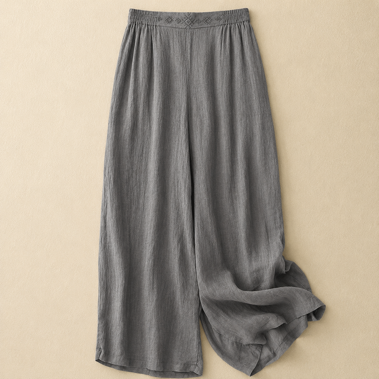 Women's Cotton Linen Wide Leg Embroidered Waist Pants in Grey – front view | Hensley London