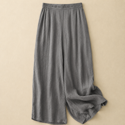 Women's Cotton Linen Wide Leg Embroidered Waist Pants in Grey – front view | Hensley London
