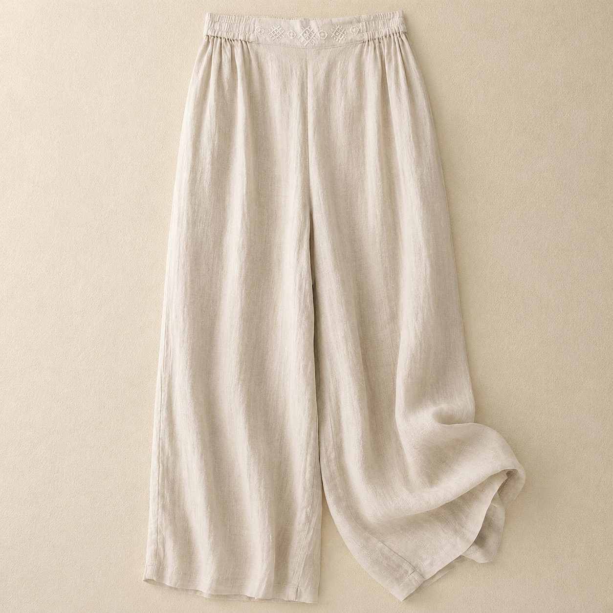 Women's Cotton Linen Wide Leg Embroidered Waist Pants in Apricot – front view | Hensley London