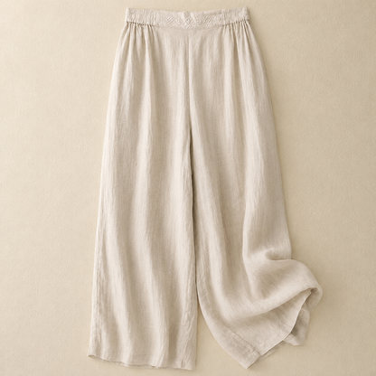 Women's Cotton Linen Wide Leg Embroidered Waist Pants in Apricot – front view | Hensley London