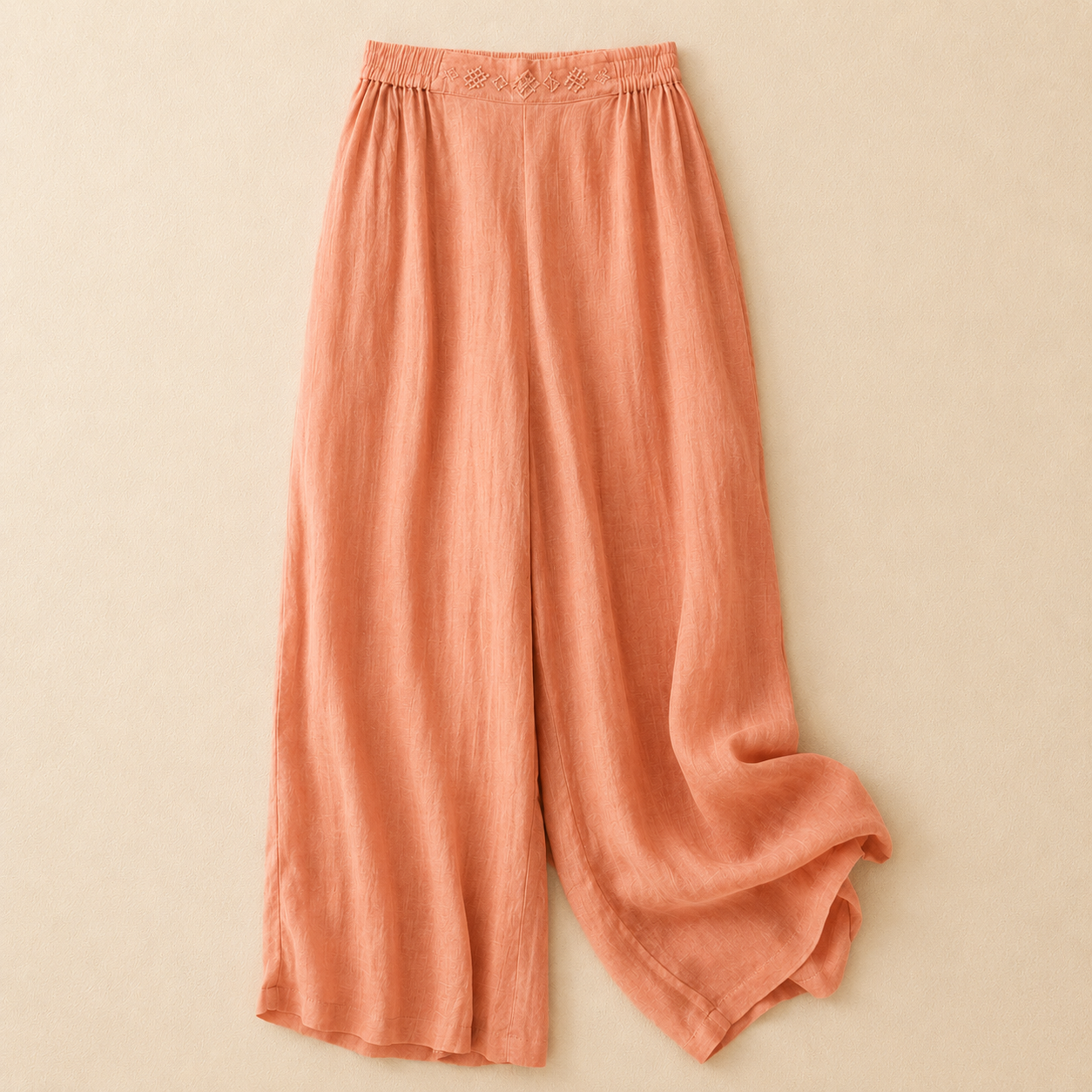 Women's Cotton Linen Wide Leg Embroidered Waist Pants in Orange – front view | Hensley London