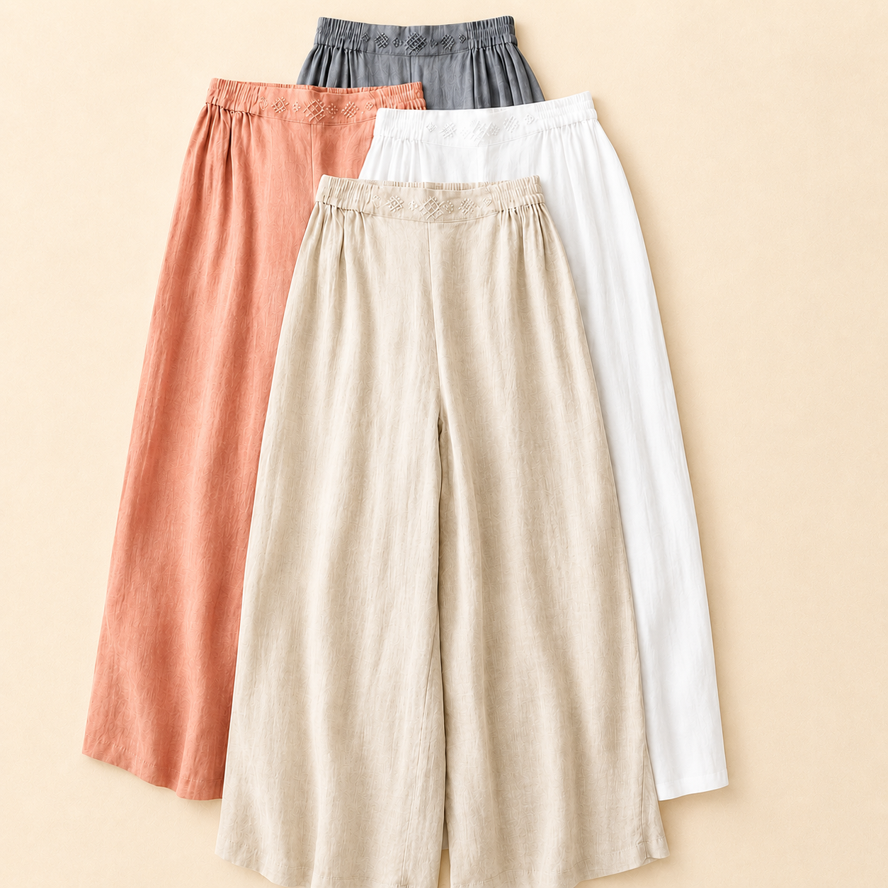 Women's Cotton Linen Wide Leg Embroidered Waist Pants – styled view | Hensley London