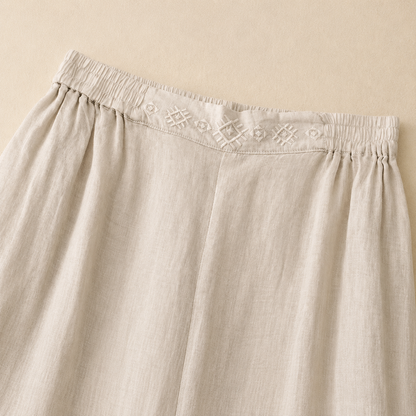 Women's Cotton Linen Wide Leg Embroidered Waist Pants – embroidered waist detail view | Hensley London