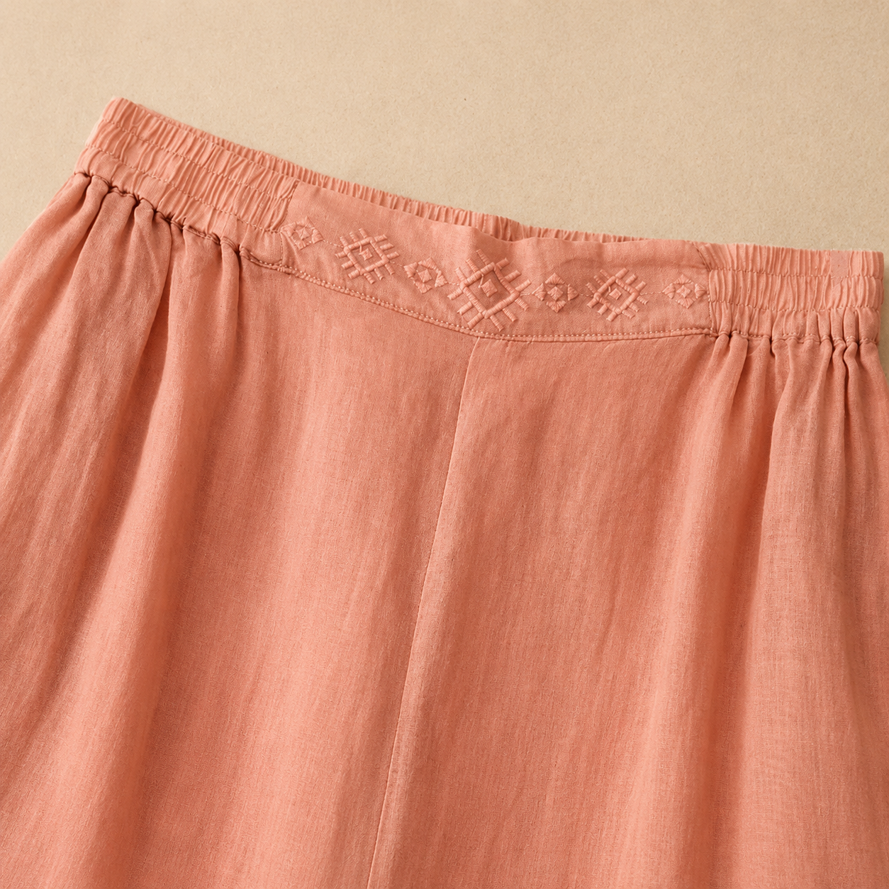 Women's Cotton Linen Wide Leg Embroidered Waist Pants – side view | Hensley London