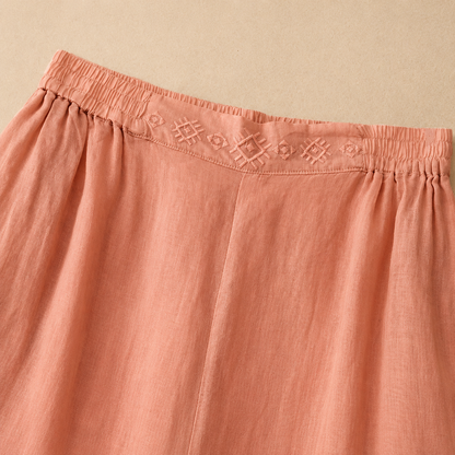 Women's Cotton Linen Wide Leg Embroidered Waist Pants – side view | Hensley London