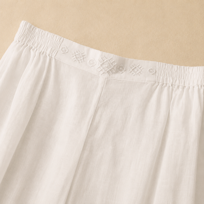 Women's Cotton Linen Wide Leg Embroidered Waist Pants – fabric close-up view | Hensley London