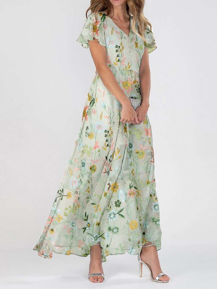 Women's Floral V-Neck Maxi Dress in Light Green – front view | Hensley London