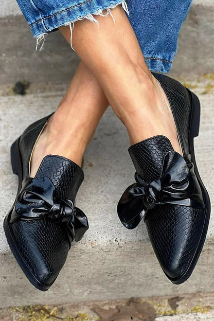Women's Black Loafers Synthetic with Shiny Bow