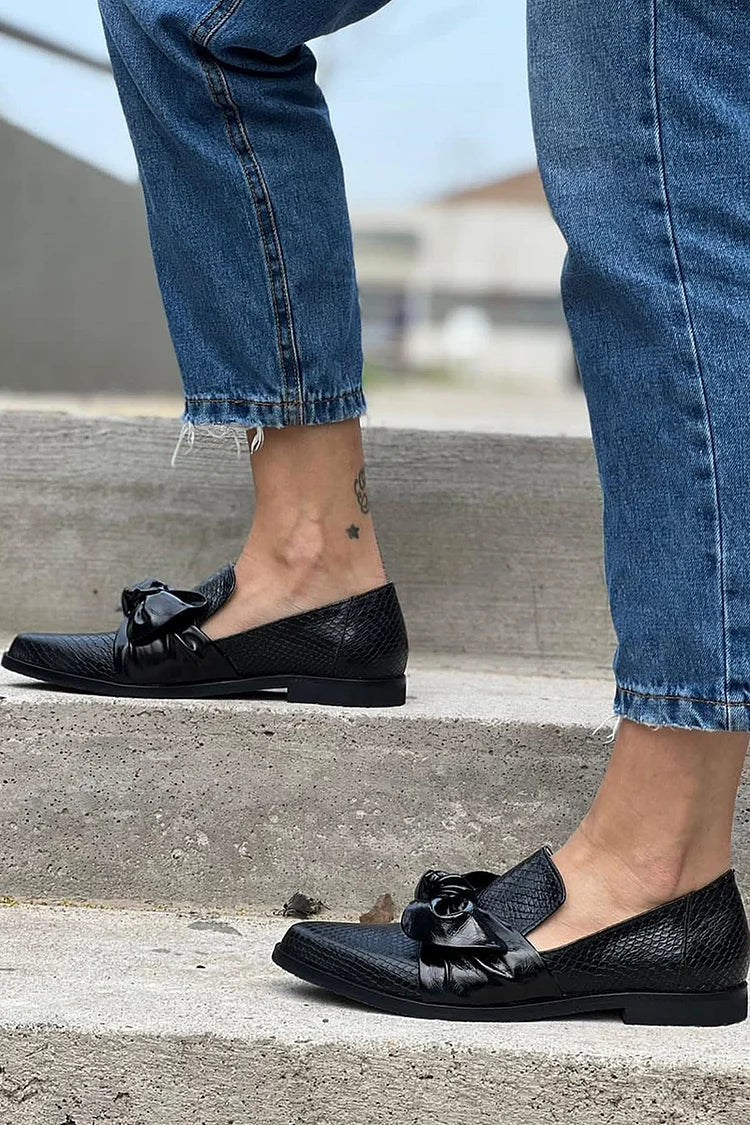 Women's Black Loafers Synthetic with Shiny Bow - Image 4
