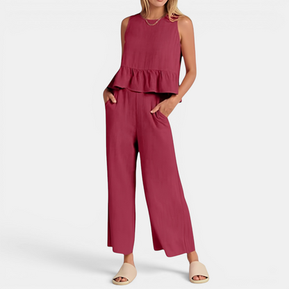 Women's Pleated Vest & Wide-Leg Palazzo Set in Red – front view | Hensley London