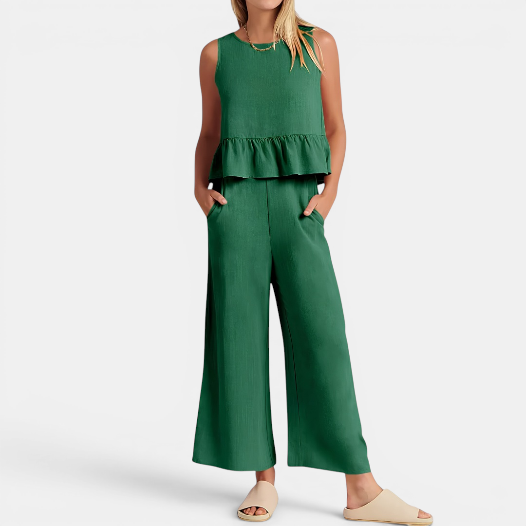Women's Pleated Vest & Wide-Leg Palazzo Set in Green – front view | Hensley London