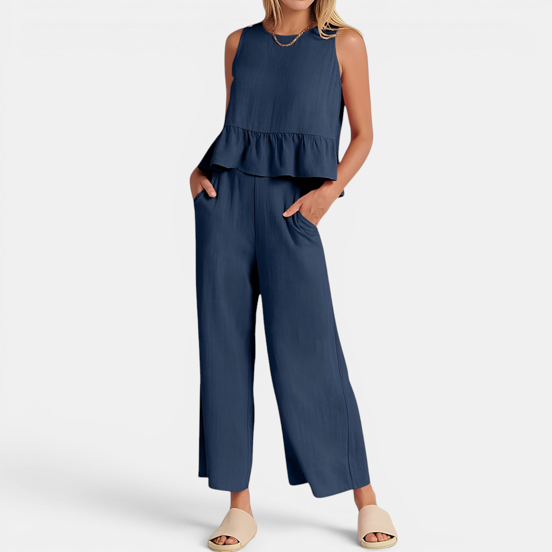 Women's Pleated Vest & Wide-Leg Palazzo Set in Navy Blue – front view | Hensley London