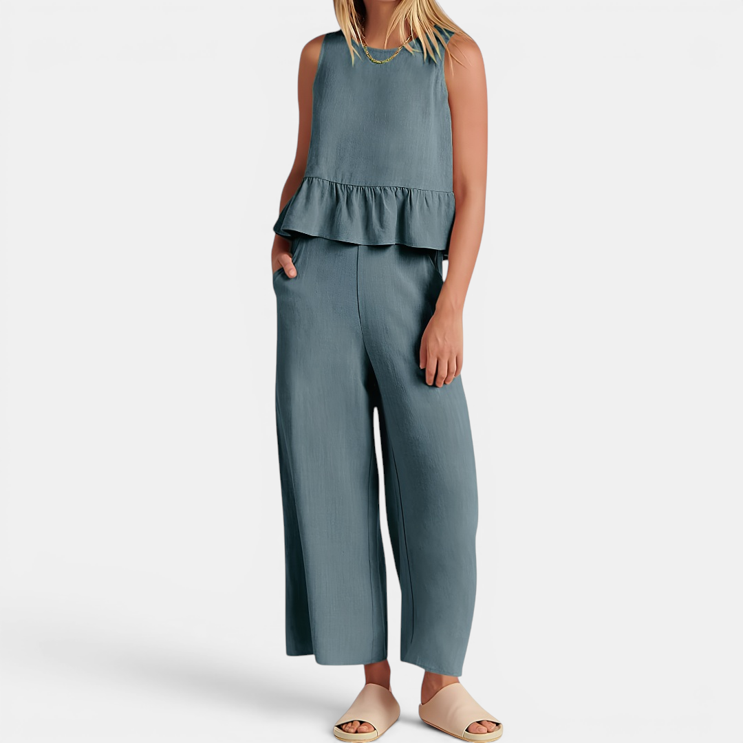 Women's Pleated Vest & Wide-Leg Palazzo Set in Gray Blue – front view | Hensley London