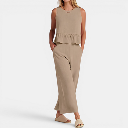 Women's Pleated Vest & Wide-Leg Palazzo Set in Khaki – front view | Hensley London