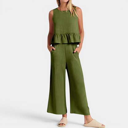 Women's Pleated Vest & Wide-Leg Palazzo Set in Army Green – side view | Hensley London