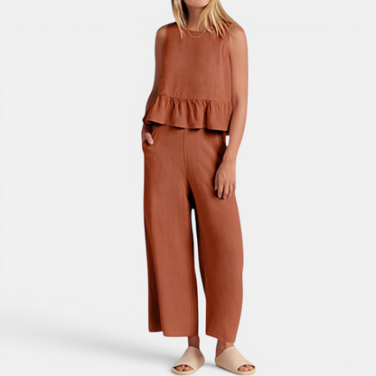 Women's Pleated Vest & Wide-Leg Palazzo Set in Orange – detail view | Hensley London