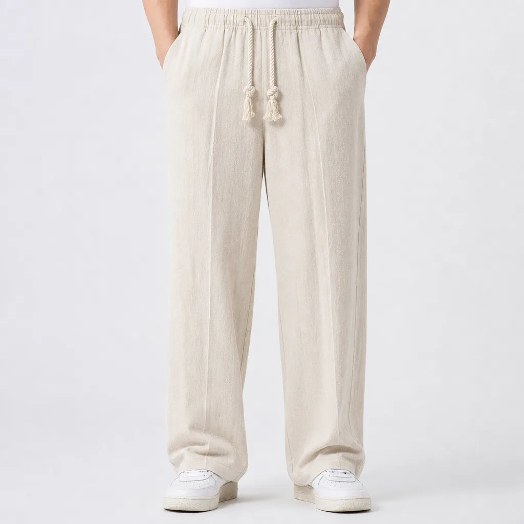 Men's Wide-Leg Drawstring Pants in Beige – detail view | Hensley London