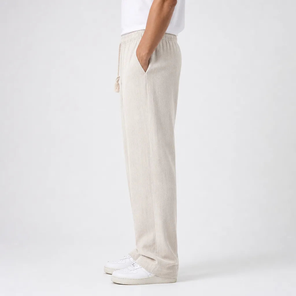 Men's Wide-Leg Drawstring Pants in Beige – detail view | Hensley London
