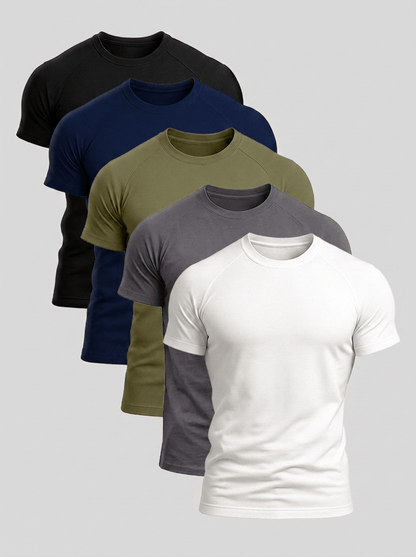 Men's Cotton Stretch Crew Neck T-Shirt 5-Pack in Assorted Colours – front view | Hensley London