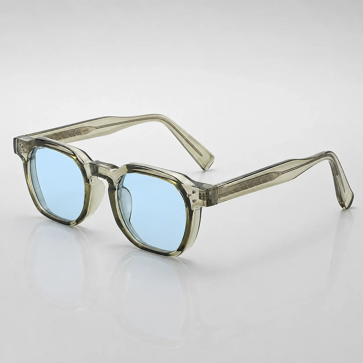 Unisex Rounded Full-Frame Sunglasses in Khaki & Blue – product view | Hensley London